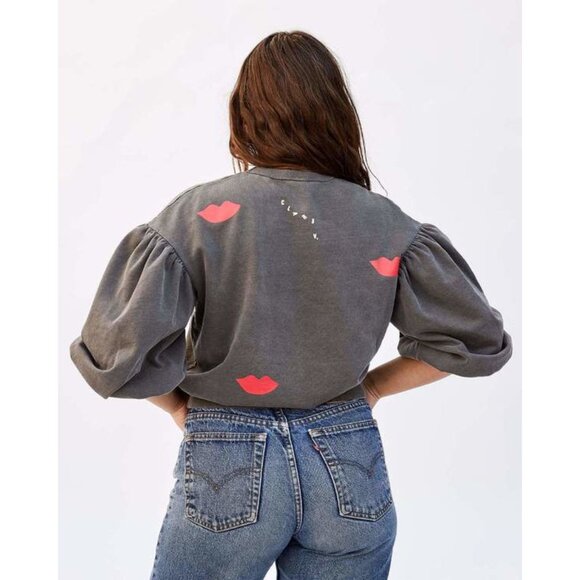 Clare V poppy red washed black puff sleeve lips sweatshirt - Picture 2 of 6